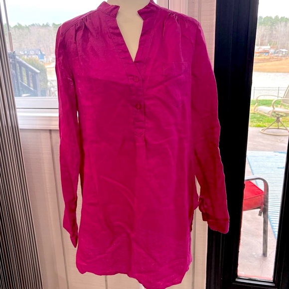 Sunny Leigh 100% linen mandarin collar blouse women’s size L fuschia - Picture 1 of 11